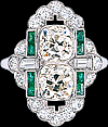 Platinum Art Deco Ring with  Old European Cut Diamonds and  Emerald Trim
